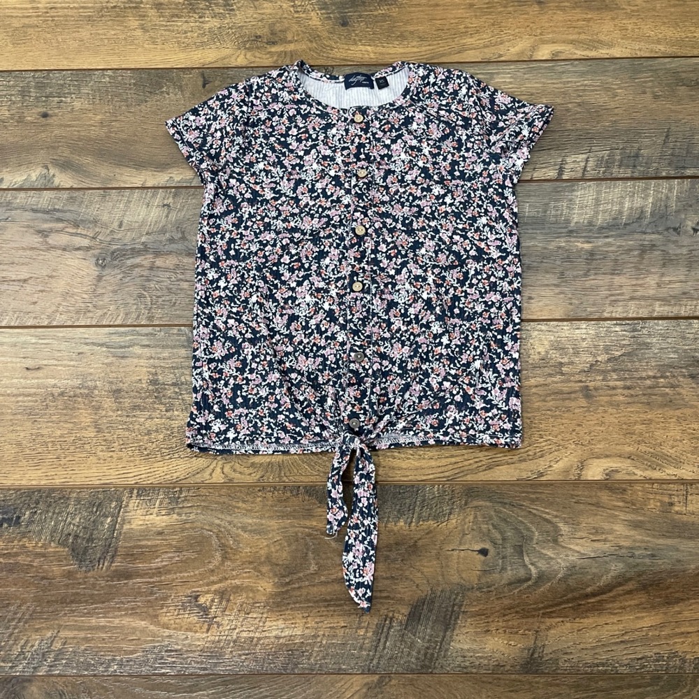 Daytrip Youth Floral Ribbed Knit Button Front Tie Top Navy Pink XS Boho Cottage